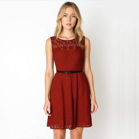 2/$30 White House Black Market Lace Fit and Flare Dress No Belt Red 8 #A0034 - Picture 1 of 10